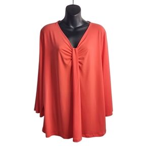 Liz Claiborne Blouse Career Woman's Coral Red 3/4 Sleeve V-Neck Stretch Sz XXL